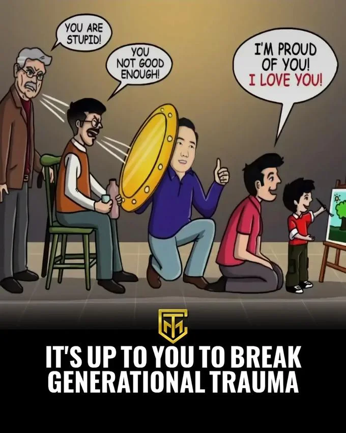 Generational Trauma Meme — Family cycle meme parody with altered humorous speech bubble dialogue substitutions