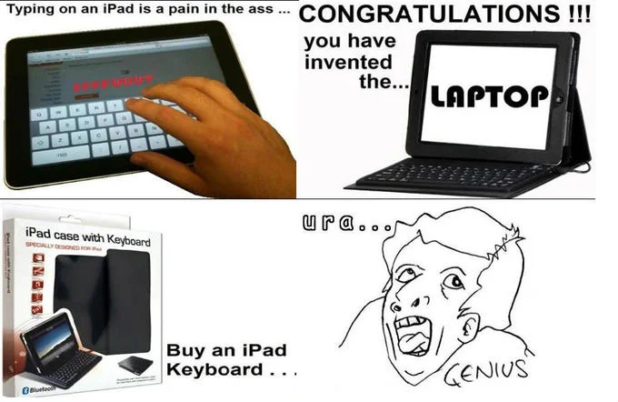 Rage comic mocking iPad keyboard cases as reinventing the laptop, ending with the Genius rage face