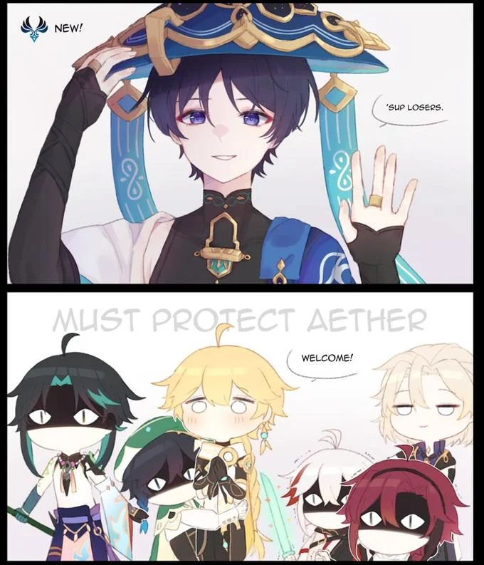 Genshin Impact Memes — 2-panel Genshin Impact character meme with white text dialogue