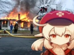 Genshin Impact Memes — Meme template combining real-world footage of burning house with animated Genshin Impact character overlay.