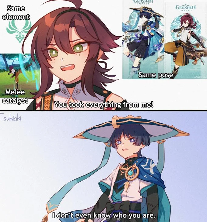 Genshin Impact Memes — Genshin Impact character similarity meme with labeled elements