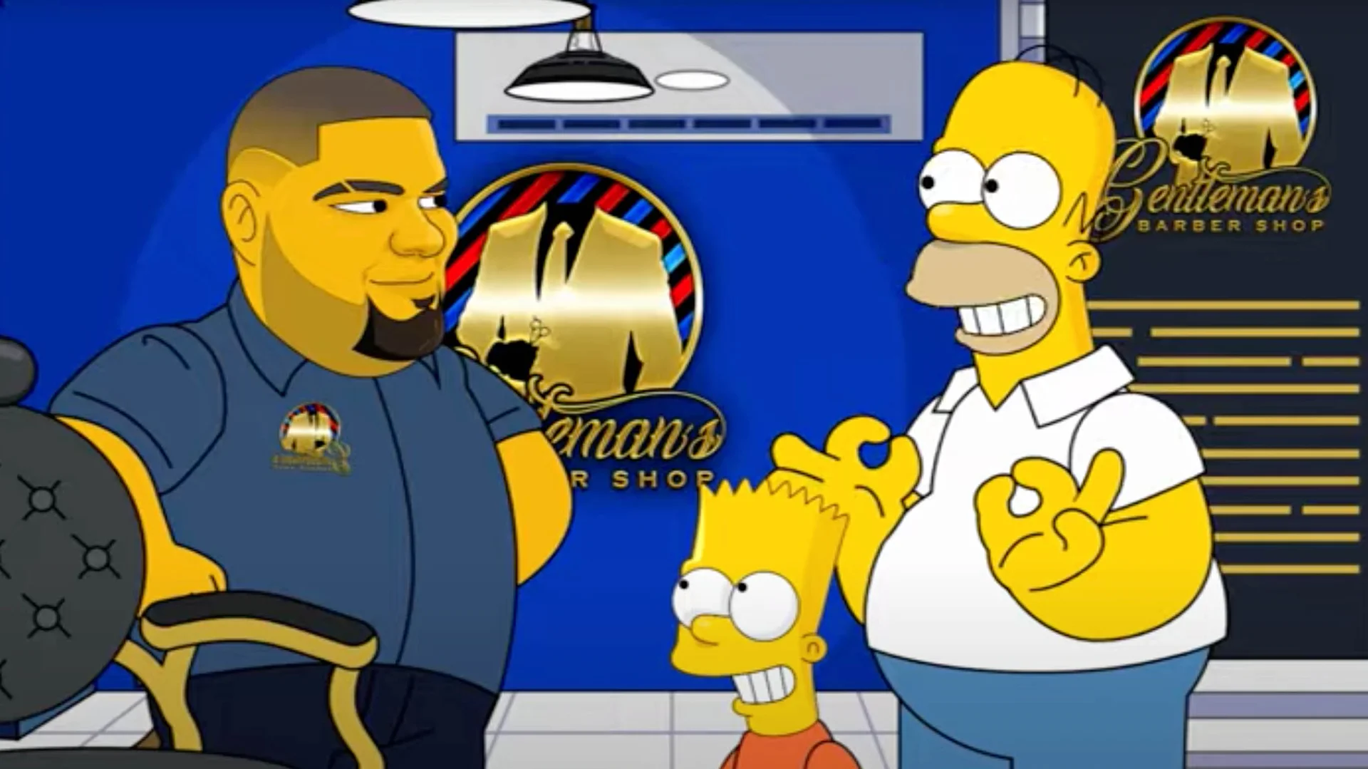 Gentlemans Barber Shop Homero Pompadour — Simpsons-style cartoon of Homer and Bart at Gentleman's Barber Shop with a bearded barber and gold shop logo