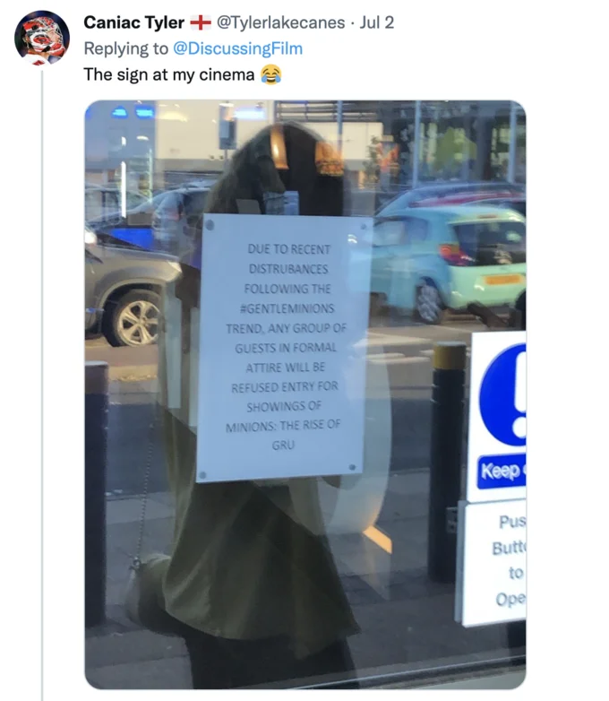 Twitter post showing movie theater door sign banning groups in formal attire from Minions screenings due to Gentleminions disturbances.