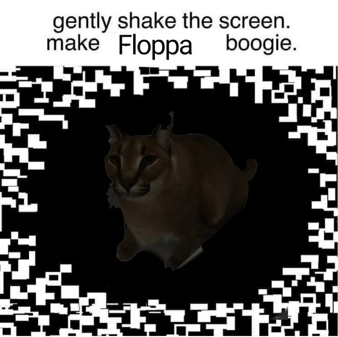 Gently Shake The Screen, Make The Possum Boogie — Floppa caracal cat inside pixelated border with caption 'gently shake the screen. make Floppa boogie.'