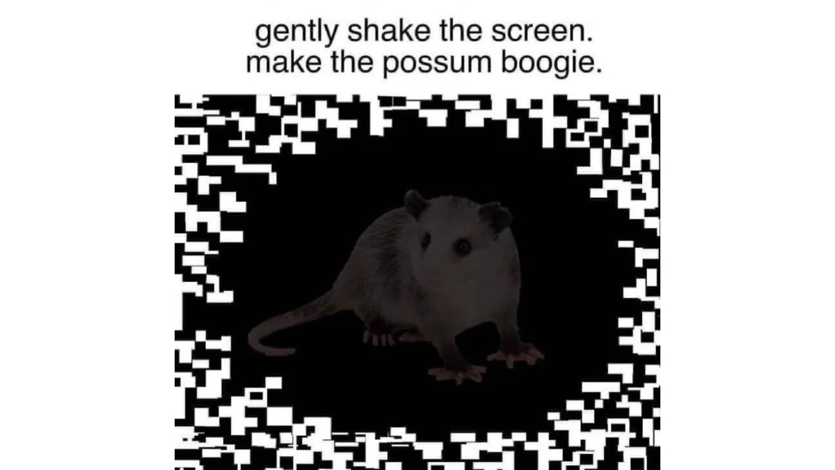 Gently Shake The Screen, Make The Possum Boogie — Possum inside a pixelated black and white border with text 'gently shake the screen. make the possum boogie.'