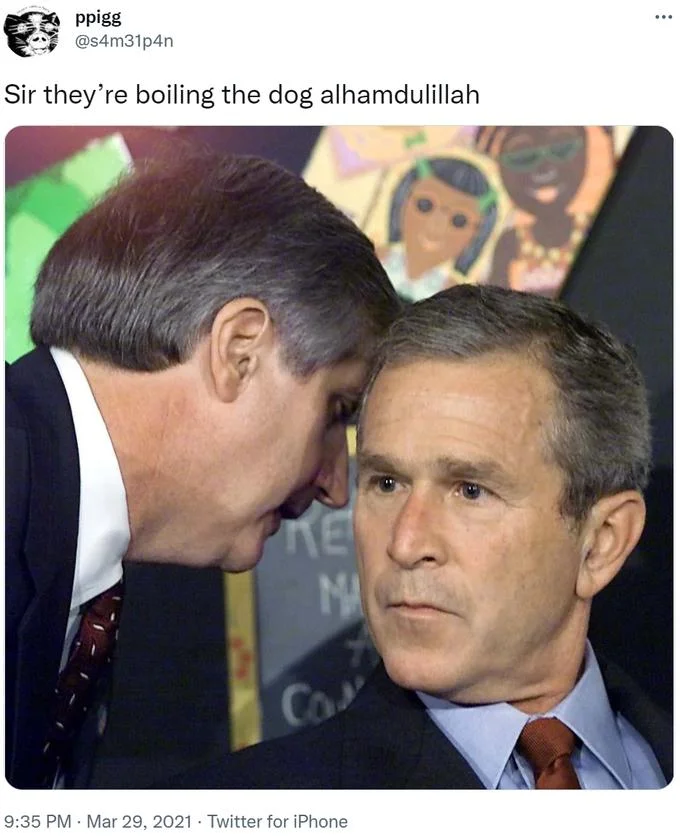 George Bush Learning About 911 — Twitter screenshot pairing the Bush 9/11 whisper image with the caption 'Sir they're boiling the dog alhamdulillah.'