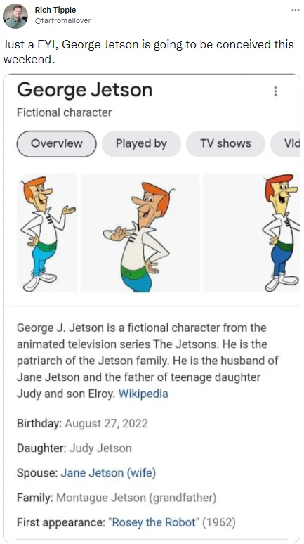 George Jetson Is Almost Here — George Jetson Google info card with 'He is almost here' meme text overlay