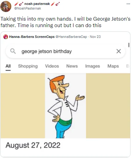 George Jetson Is Almost Here — Tweet by Noah Pasternak joking about being George Jetson's father