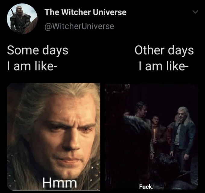 Geralts Hmm — A Witcher Universe Twitter post comparing Geralt's demeanor with iconic 'Hmm' reaction image alongside angrier Geralt frame.
