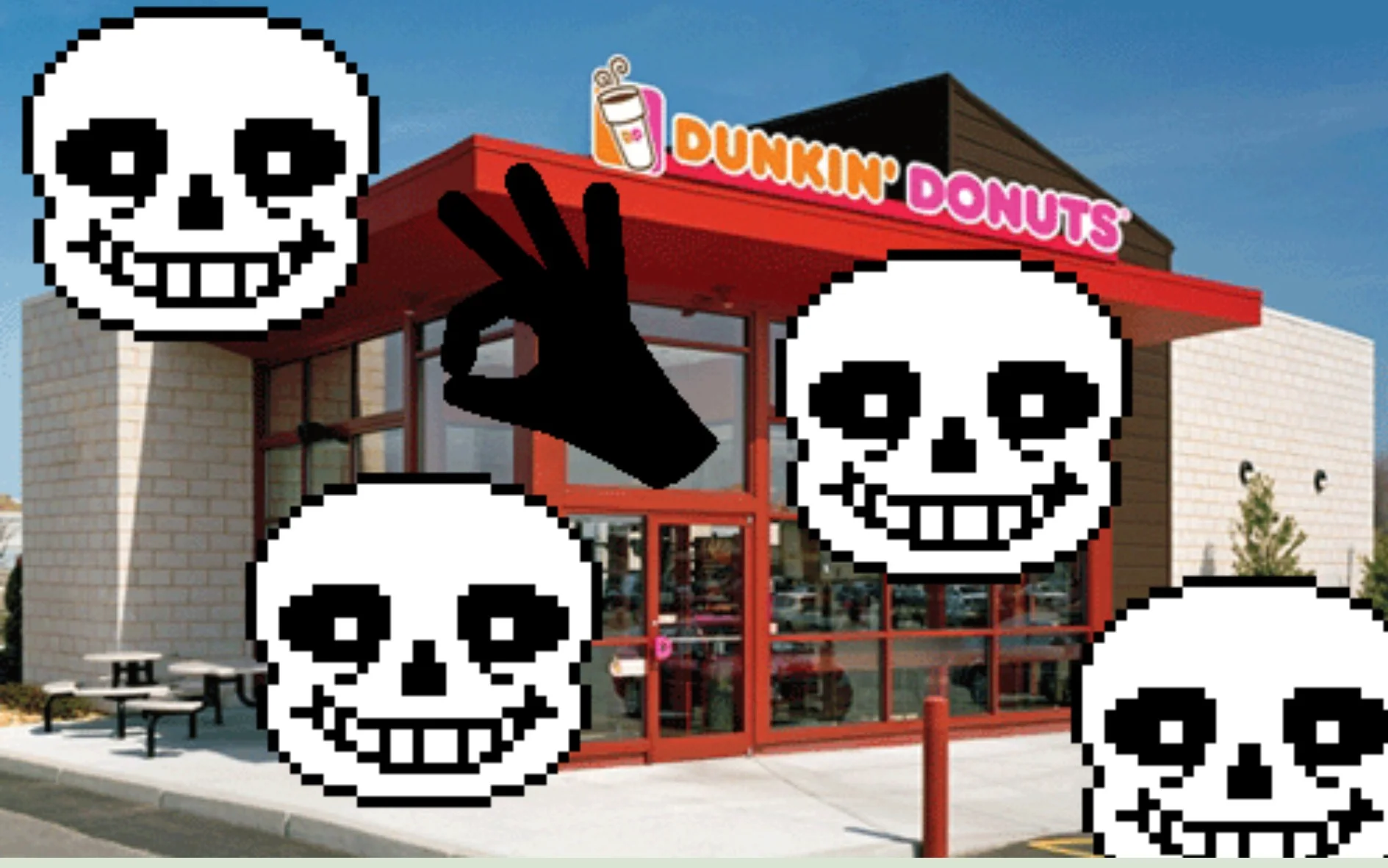 Get Dunked On — Dunkin' Donuts storefront with Sans faces and OK hand overlaid as a dunk-themed meme