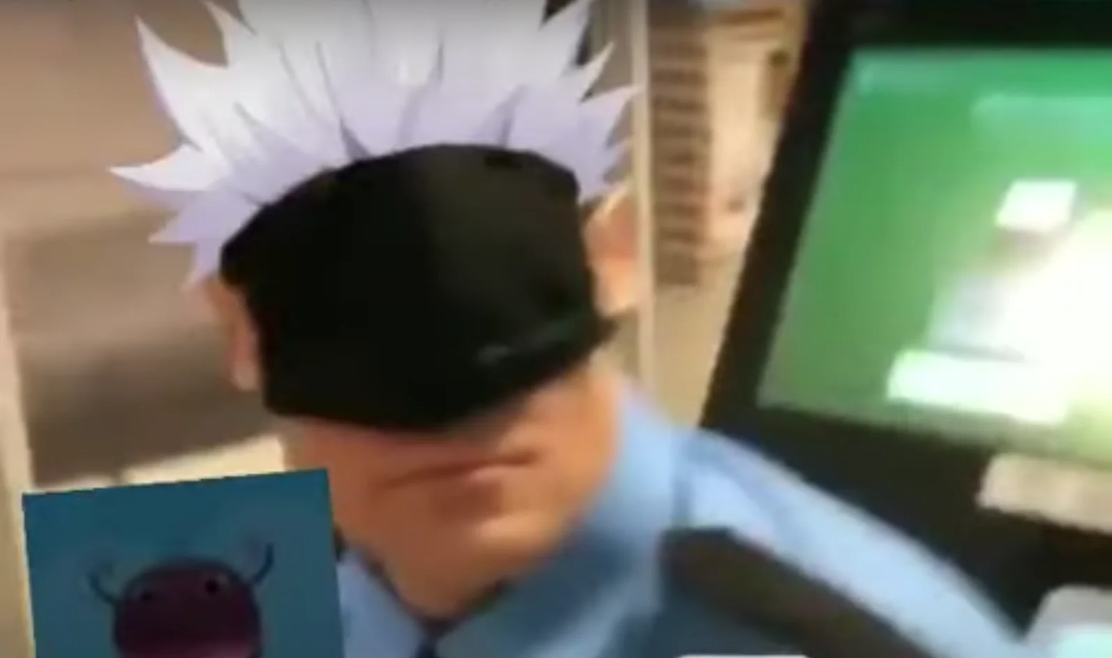 Get Gojoed — Person with face mask pulled over eyes imitating Gojo from Jujutsu Kaisen