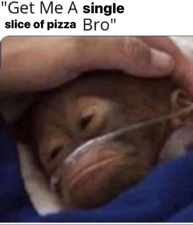 Get Me A Blue Powerade Bro — Meme variation reading 'Get Me A single slice of pizza Bro' with baby orangutan