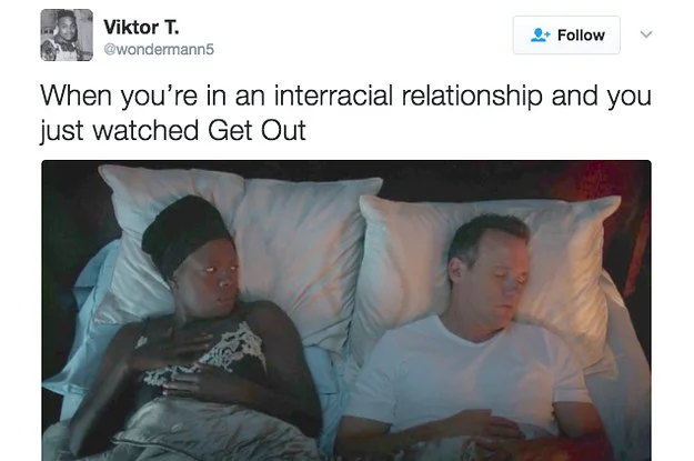 Twitter screenshot with Get Out Sunken Place reference and film scene image.
