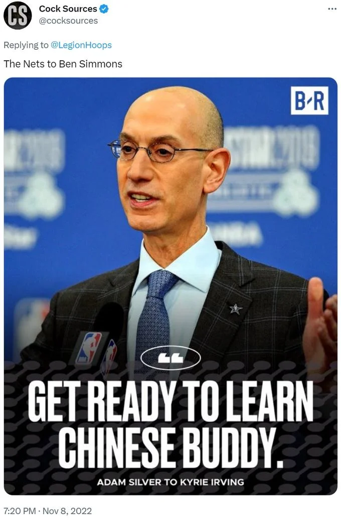 Get Ready To Learn Chinese Buddy — Cock Sources tweet applying the meme to Ben Simmons and the Nets