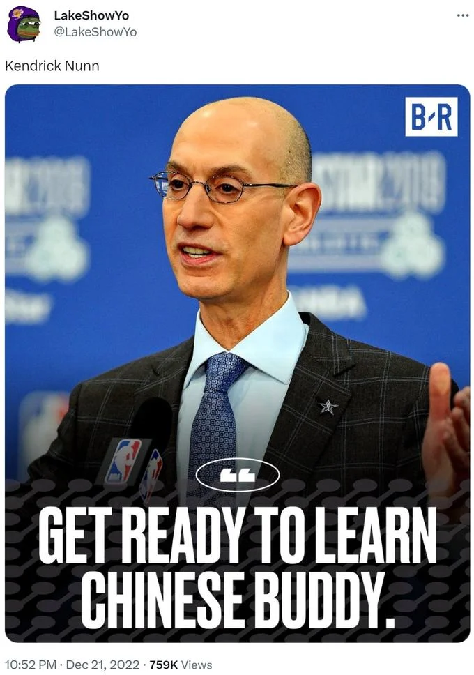 Get Ready To Learn Chinese Buddy — LakeShowYo tweet using the meme aimed at Kendrick Nunn