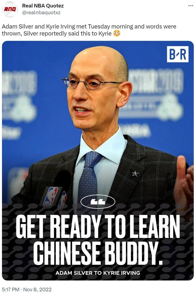 Get Ready To Learn Chinese Buddy — Real NBA Quotez tweet sharing the Chinese Buddy meme aimed at Kyrie Irving