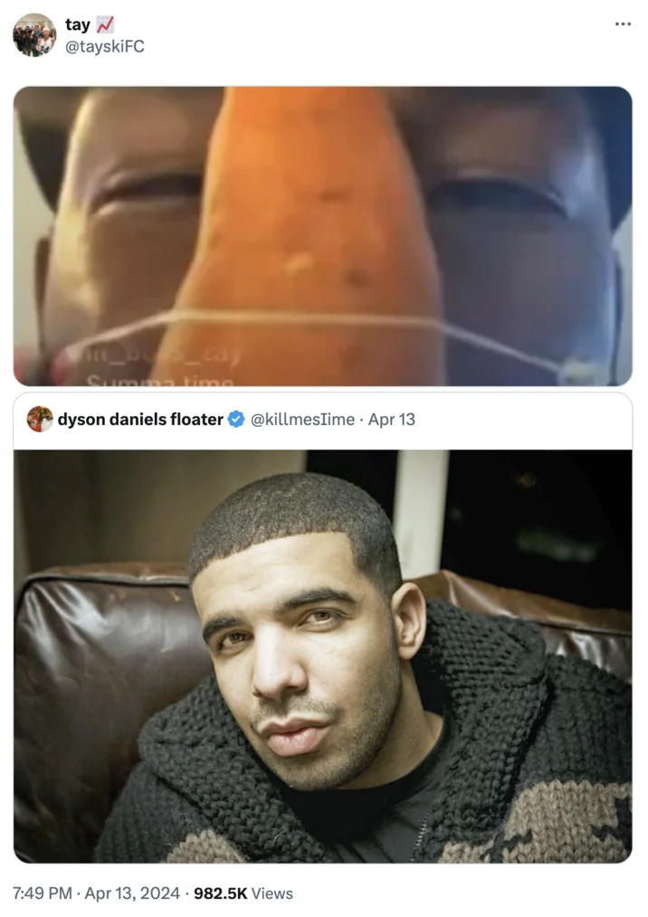 Get That Yam Off Your Face — Tweet pairing a close-up of the yam-face Instagram Live screenshot with a photo of Drake looking at the camera.