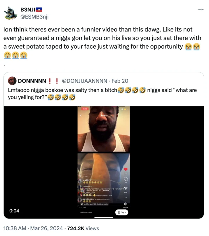 Get That Yam Off Your Face — Tweet from B3NJI @ESMB3nji commenting on the dedication of taping a sweet potato to one's face for a chance to appear on Instagram