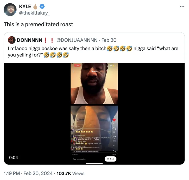 Get That Yam Off Your Face — Tweet from KYLE @thekillakay_ saying 'This is a premeditated roast' with an embedded video of the yam face Instagram Live moment.