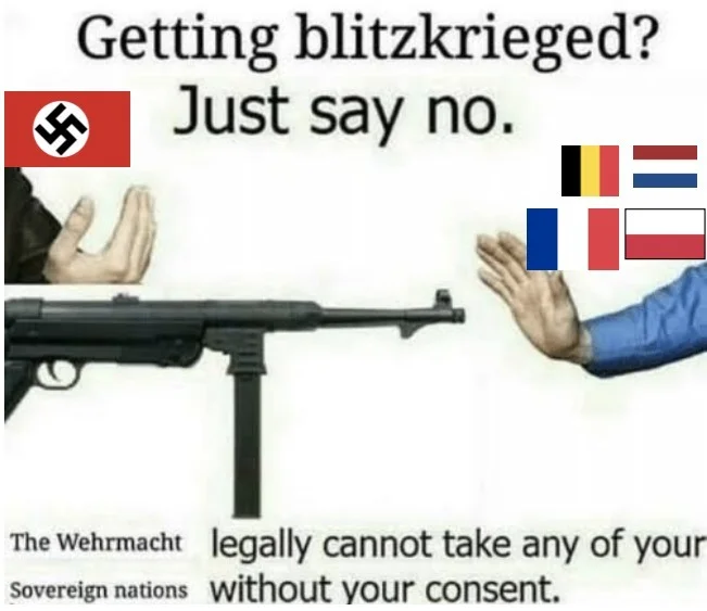 Getting Mugged? Just Say No — WWII blitzkrieg variation of the meme with Nazi flag, MP40 submachine gun, and flags of invaded European nations