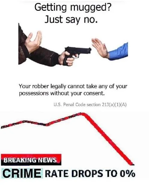 Getting Mugged? Just Say No — Extended meme variation adding a 'Breaking News: Crime Rate Drops to 0%' banner with a plummeting red graph