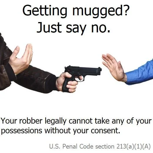Square format version of the 'Getting mugged? Just say no.' meme with fake penal code citation