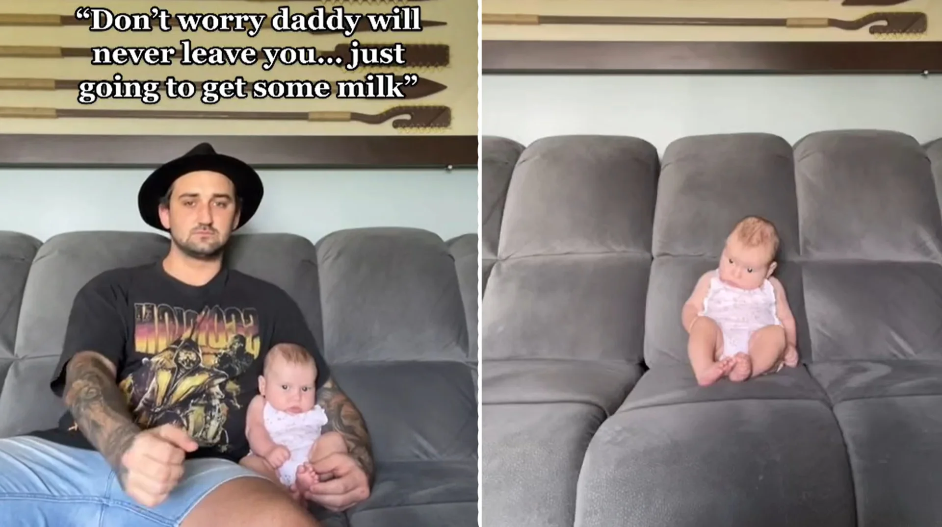 Getting The Milk Memes — TikTok screenshot of a father holding a baby next to a panel showing the baby alone on the couch