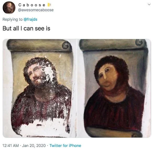 Ghent Altarpiece Lamb Restoration — Tweet comparing Ghent Altarpiece restoration to the botched Ecce Homo fresco in Borja