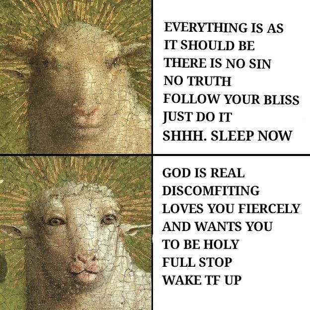 Ghent Altarpiece Lamb Restoration — Two-panel meme contrasting pre-restoration and restored Ghent Altarpiece lamb with text about sin and holiness