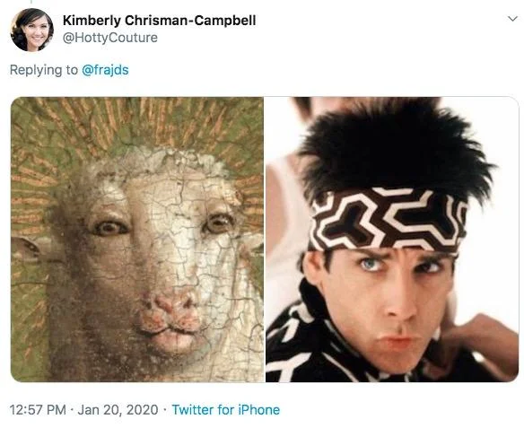Ghent Altarpiece Lamb Restoration — Tweet comparing restored Ghent Altarpiece lamb face to Derek Zoolander