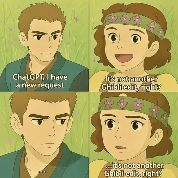 A four-panel anime meme in Ghibli-inspired style commenting on viral AI-generated and fan-created Ghibli editing trends.