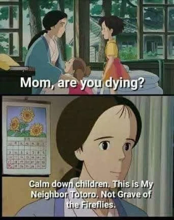 Two-panel Ghibli scene juxtaposing films by emotional tone with detailed backgrounds and expressive character animation.