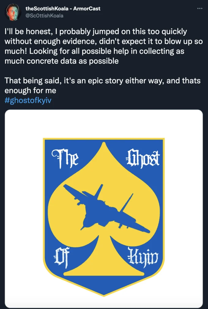 Tweet with a blue and yellow 'The Ghost of Kyiv' heraldic crest featuring a fighter jet