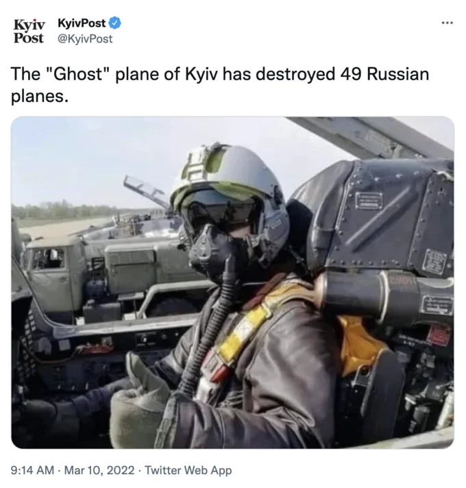 Kyiv Post tweet with photo of a fighter pilot claiming the Ghost of Kyiv destroyed 49 Russian planes
