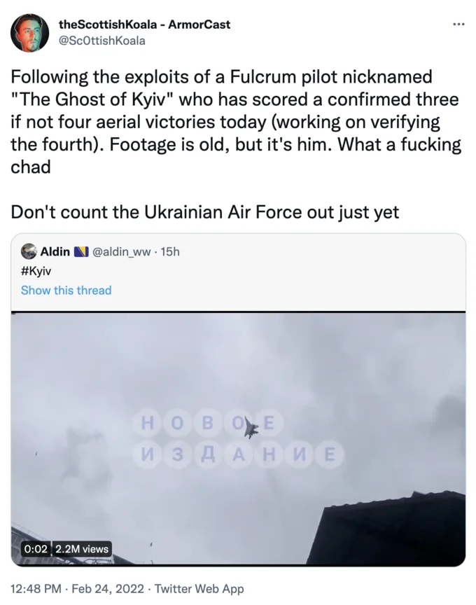 Twitter screenshot from ScOttishKoala hyping the Ghost of Kyiv fighter pilot with embedded MiG-29 video