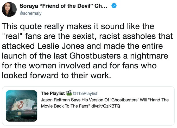 Ghostbusters 2020 — Soraya Chemaly tweet criticizing Reitman quote regarding Leslie Jones
