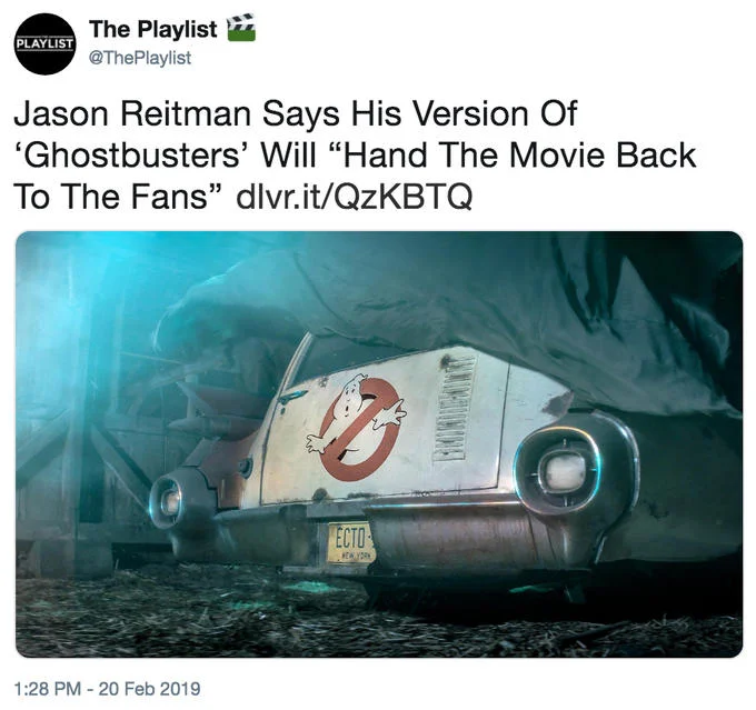 Ghostbusters 2020 — The Playlist tweet quoting Jason Reitman about handing Ghostbusters back to fans