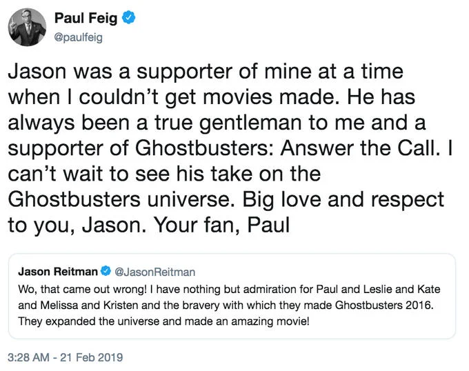Ghostbusters 2020 — Paul Feig supportive tweet reply to Jason Reitman