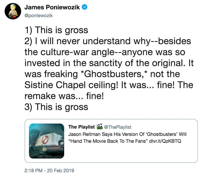 Ghostbusters 2020 — James Poniewozik tweet criticizing Jason Reitman Ghostbusters quote