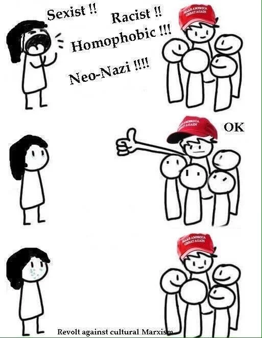 Giant Thumb Guy — Giant-thumb-guy comic edited with a MAGA hat as he dismisses accusations of sexism, racism and other labels shouted by a figure on the left.