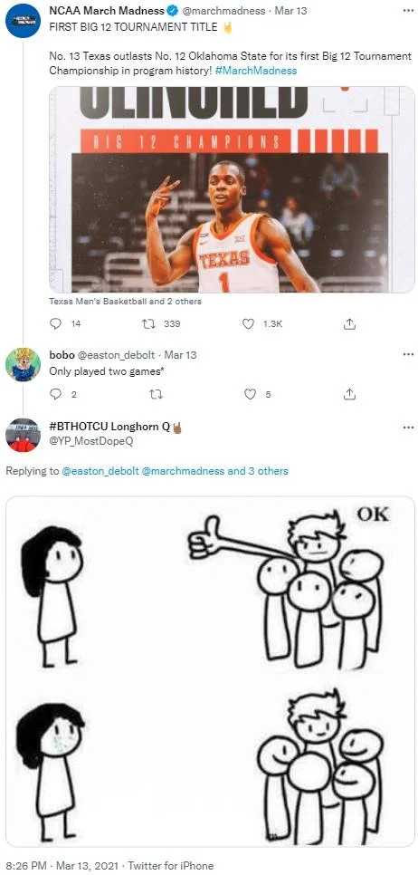 Giant Thumb Guy — Twitter thread screenshot where a user replies to NCAA March Madness criticism with the giant-thumb-guy reaction image.