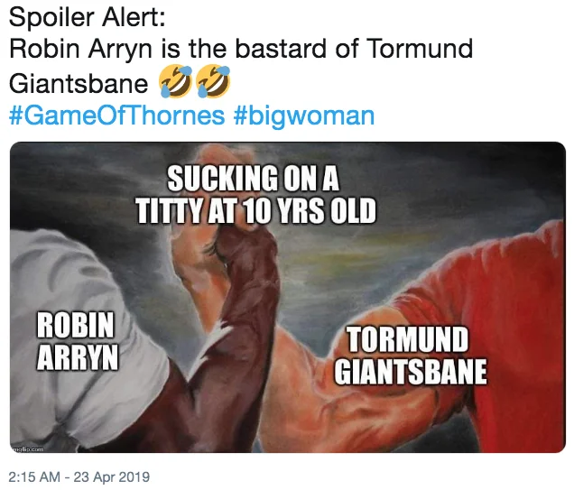 Giants Milk — Epic handshake meme comparing Robin Arryn and Tormund breastfeeding backstories