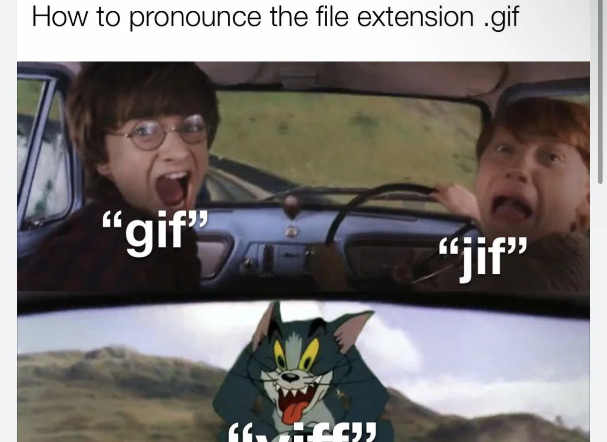 Gif Vs Jif Pronunciation Debate — Harry Potter and Tom cat meme labeling gif jif and yiff pronunciations