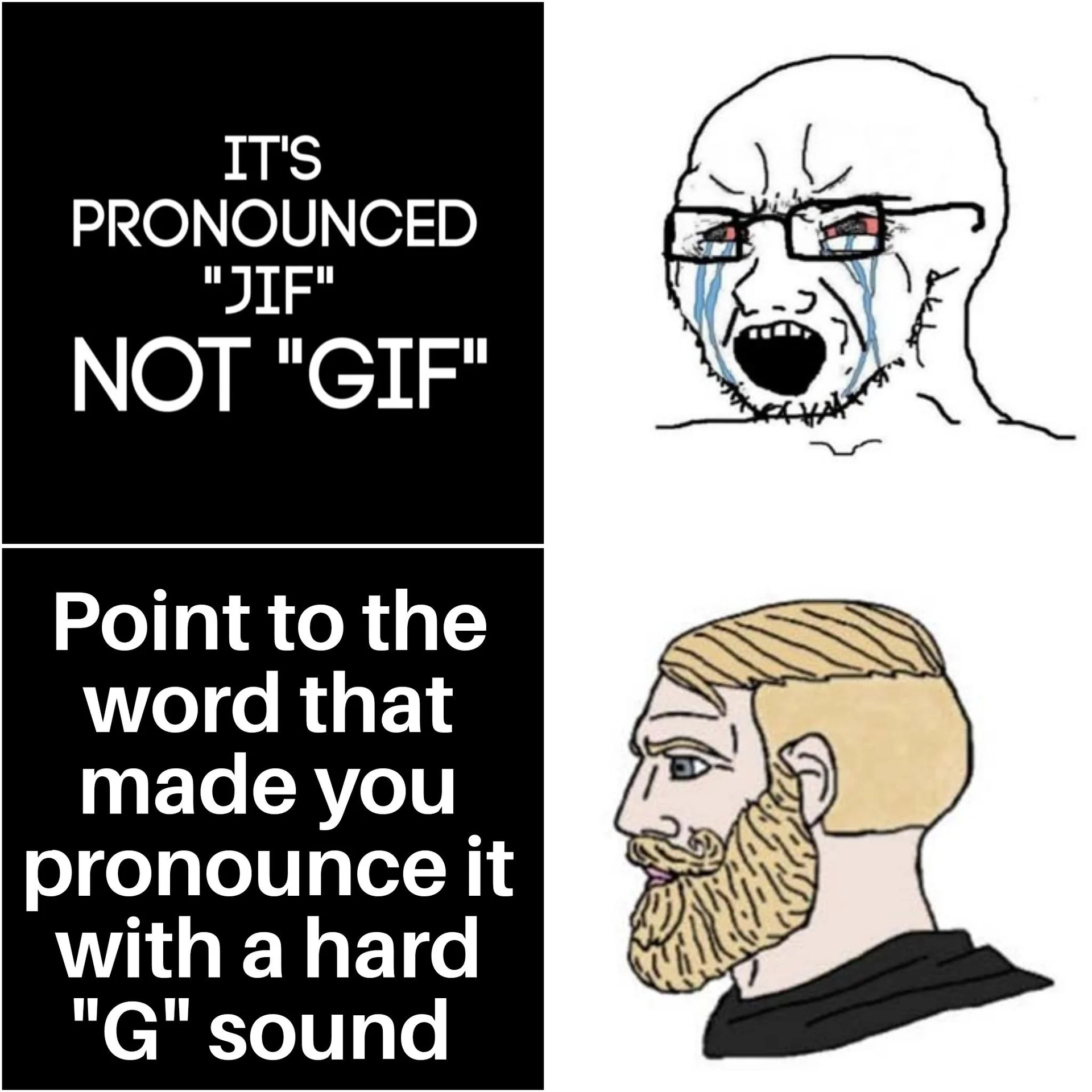 Gif Vs Jif Pronunciation Debate — Soyjak vs Nordic chad meme about pronouncing GIF as jif or with hard G
