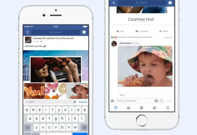 Two iPhones showing the Facebook app and its GIF picker in a comment box