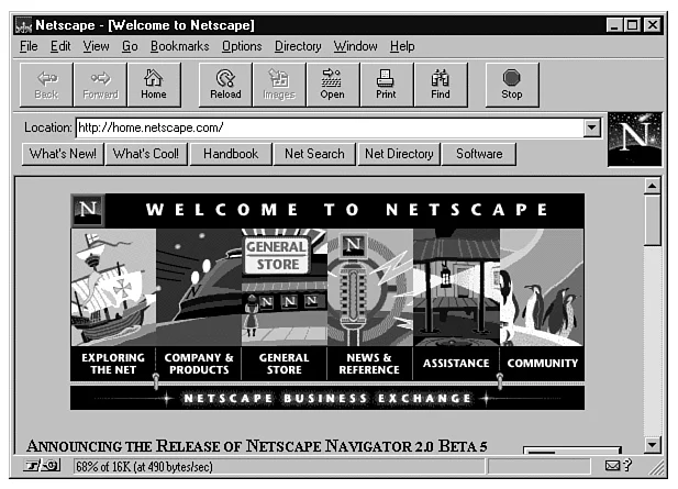 Gif — Netscape Navigator 2.0 Beta browser window showing the Welcome to Netscape page