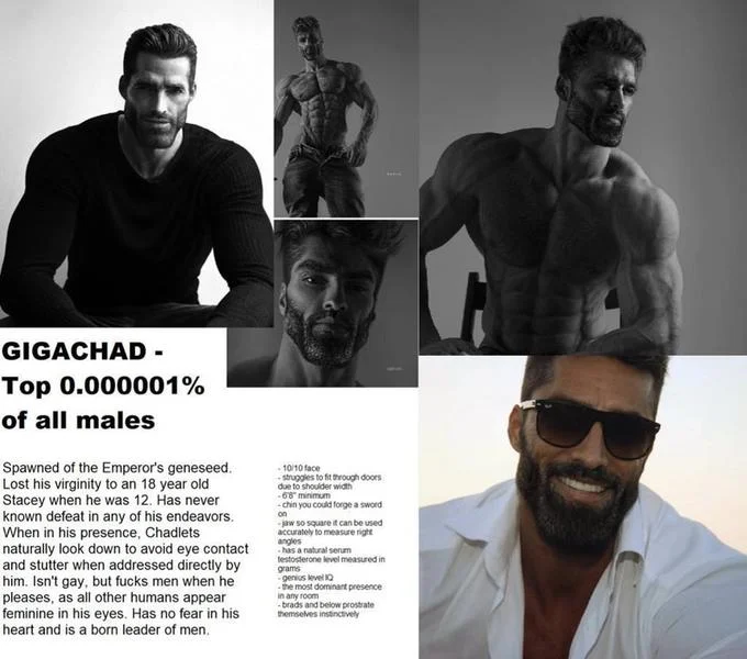 Collage meme creating elaborate character profile for Gigachad with multiple photographs and detailed superhuman qualities text.