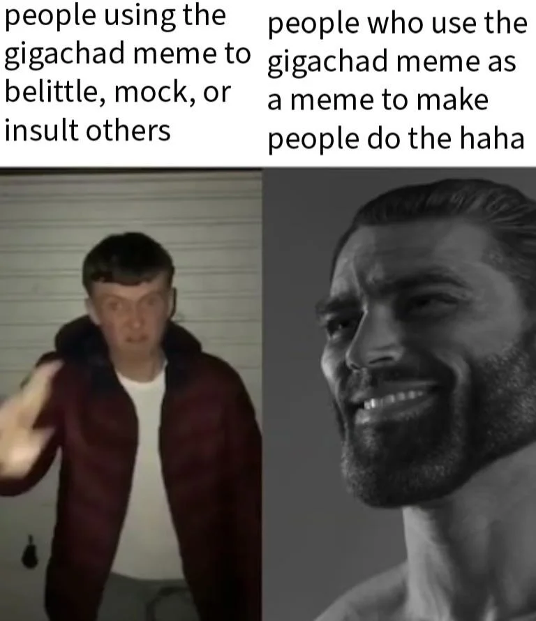 Comparative meme showing Gigachad on right with confident expression contrasted to average character on left with motivations text.