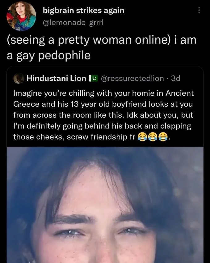 Gio Scotti Ancient Greek Towel Boy — Quote tweet by lemonade_grrrl mocking the ancient Greek meme reaction