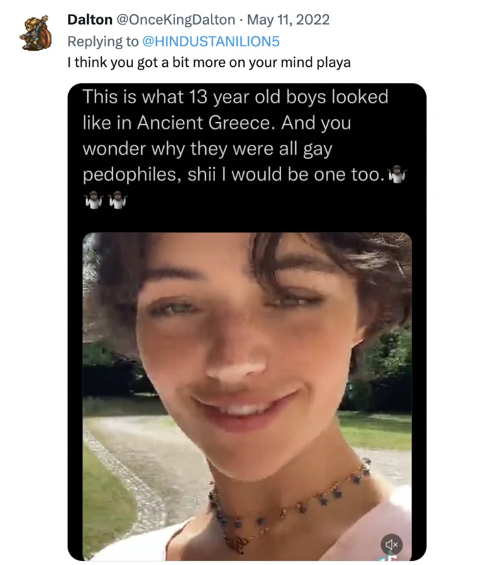 Gio Scotti Ancient Greek Towel Boy — Reply tweet by OnceKingDalton mocking HINDUSTANILION5 with quoted Gio Scotti selfie